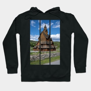 Medieval graveyard and Heddal wooden stave church. Heddal Stavkirke, 13th century. Largest stave church in Norway. Sunny spring day (vertical) Hoodie